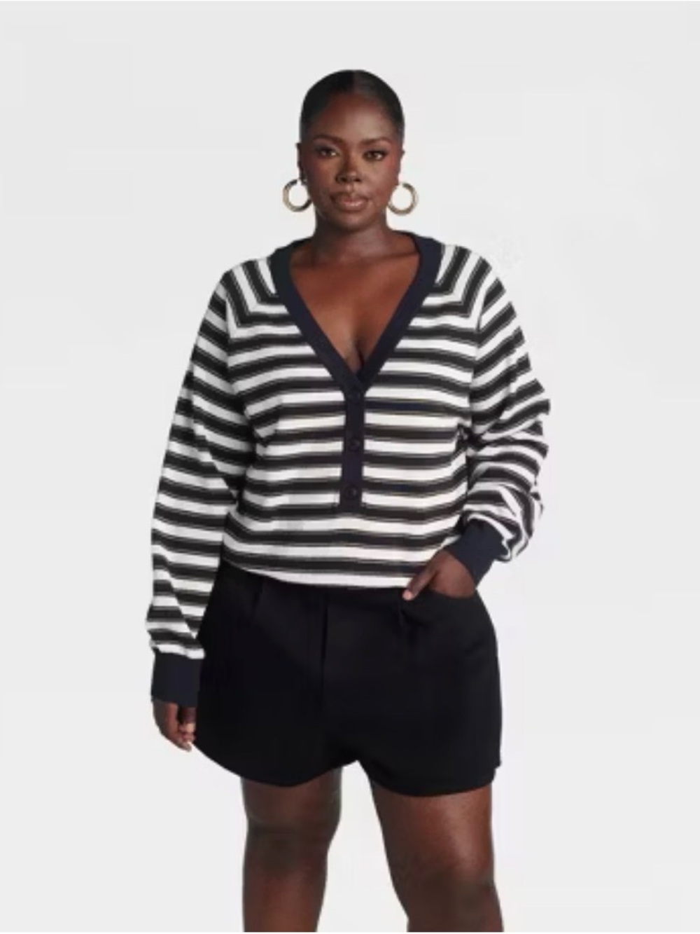 KBB by KAHLANA Women's 'The Cropped Bubble Sweater' Navy Blue/White Striped XL
